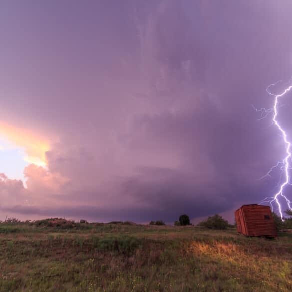 Bright cloud to ground lightning strike out of a supercell near Turkey, TX