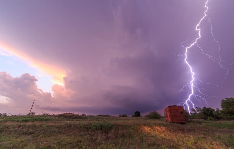 Bright cloud to ground lightning strike out of a supercell near Turkey, TX