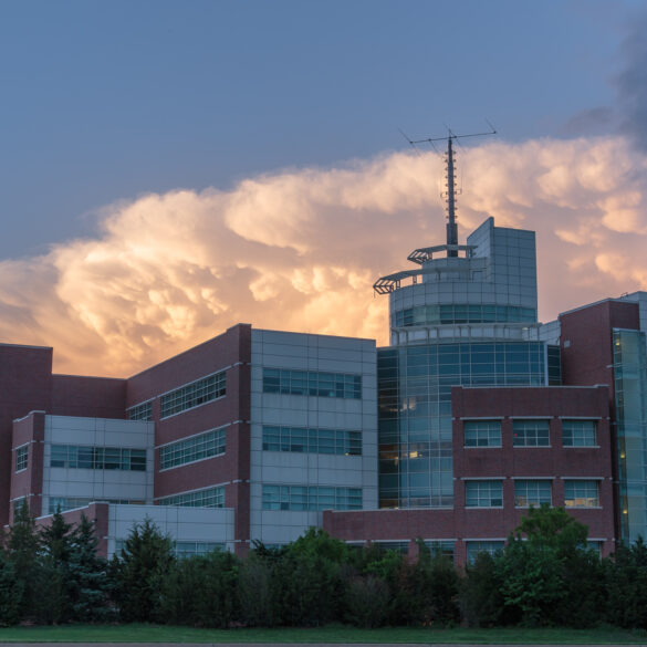 A storm anvil over the National Weather Center in Norman, OK on April 25, 2017