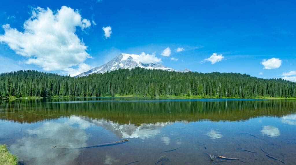 Mount Rainier behind Reflection Lakes in Mount Rainier National Park