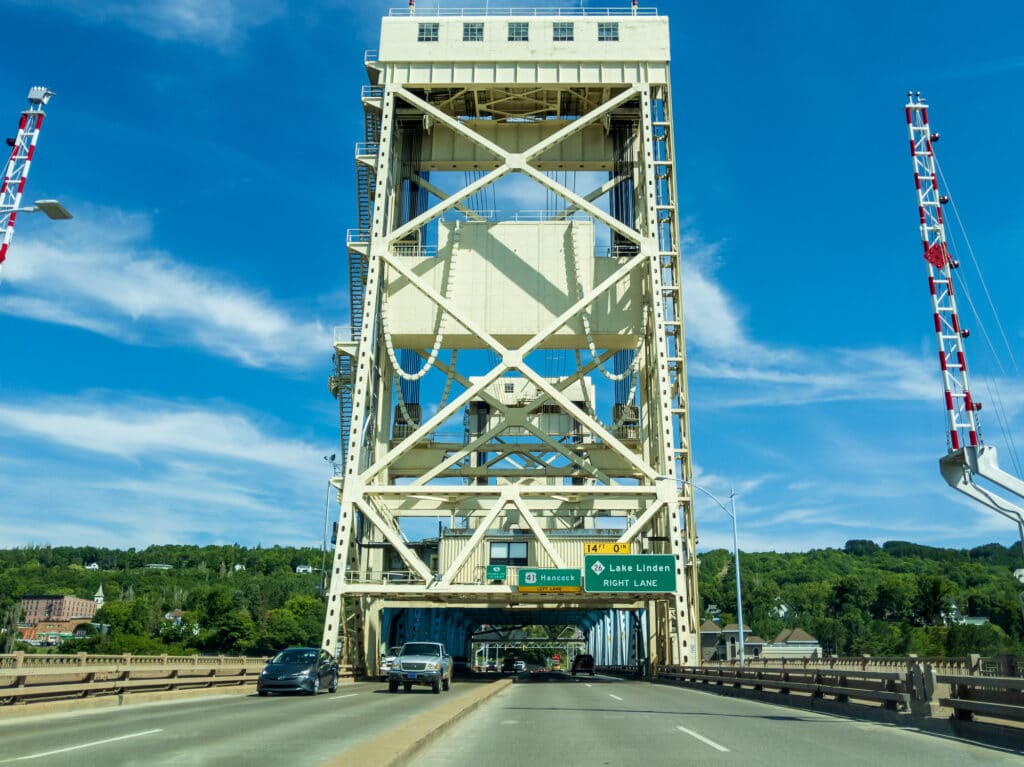 Houghton-Hancock Bridge over the Portage River. This bridge can be elevated to allow ships to pass underneath